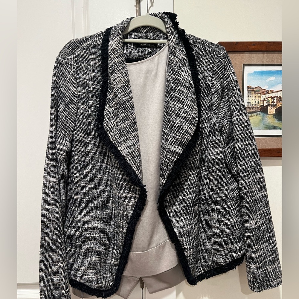 Rachel Zoe twill navy blazer, fringe detail, size XL